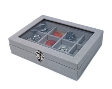 Schmucktablett Schmucklade Schmuckkästchen mit Glasdeckel grau mit 12 Fächer
